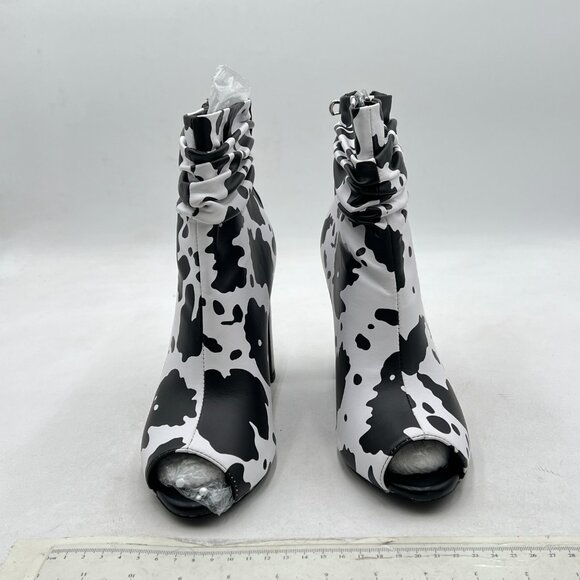 FSJ Black Cow Peep Toe Slouch Ankle Boots Chunky Stacked Heels Party Prom Shoes - Picture 2 of 7